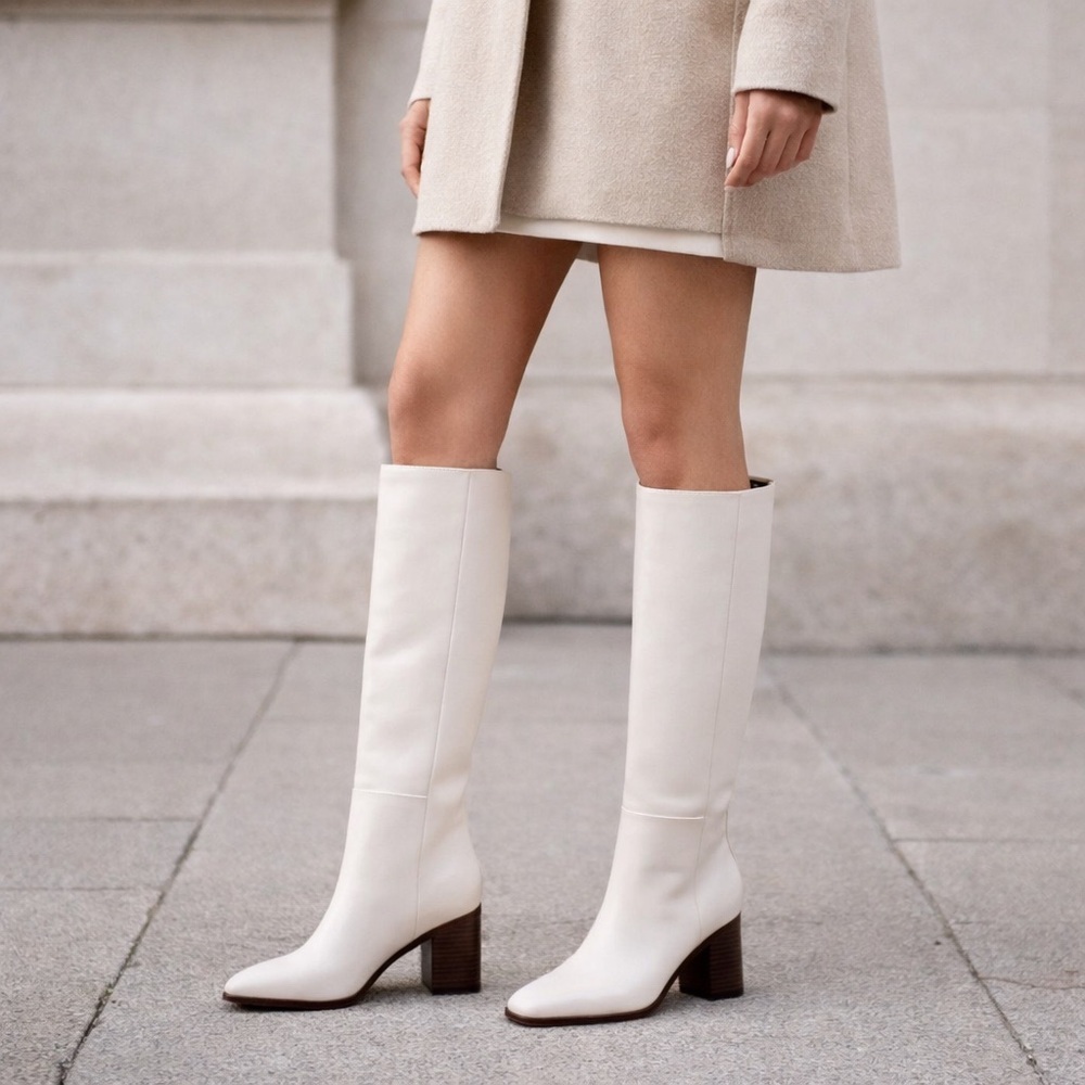 Vince Gerrie Knee High Leather Boots 9.5 Milk White Square Toe Block Heel NEW